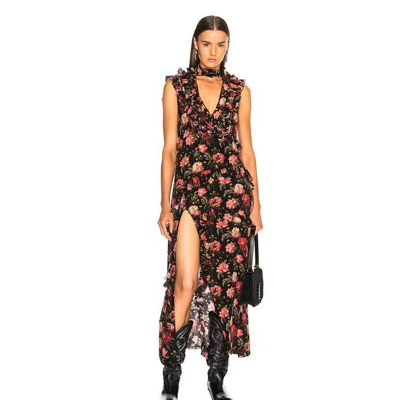R13 LIBERTY OF LONDON Sz XS Black Pink Rose Floral Silk Dress Ruffle Slit - Picture 13 of 13